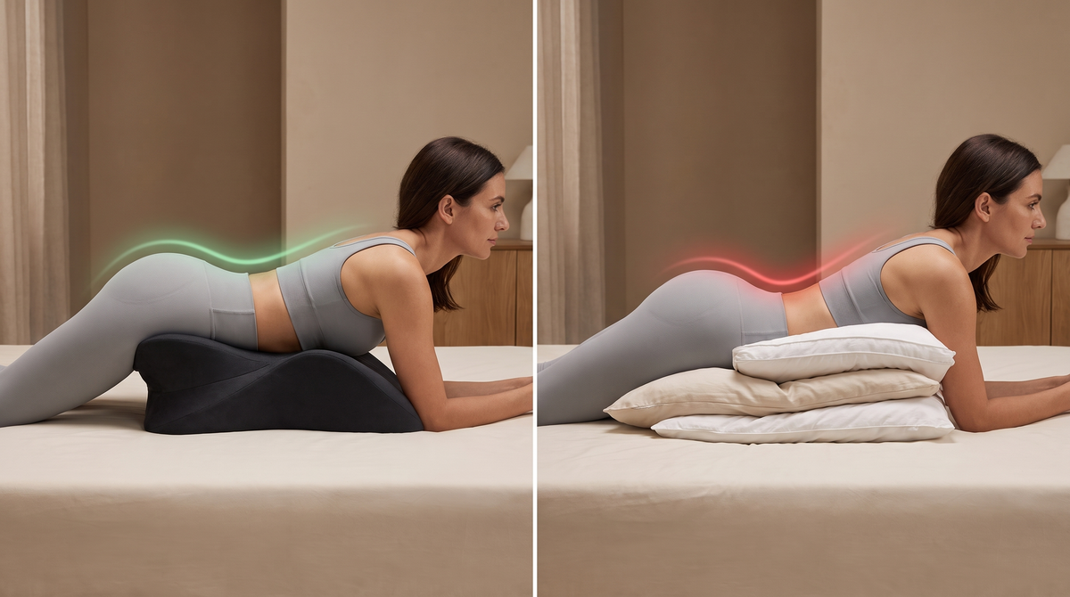 The Embrace holds a firm elevated angle under body weight while a stack of ordinary pillows squashes flat and the hips drop